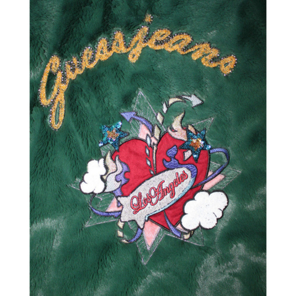 Celebrity Guess Designer Bomber Vintage Sherpa Jacket Green Hailey Beiber - Picture 5 of 8